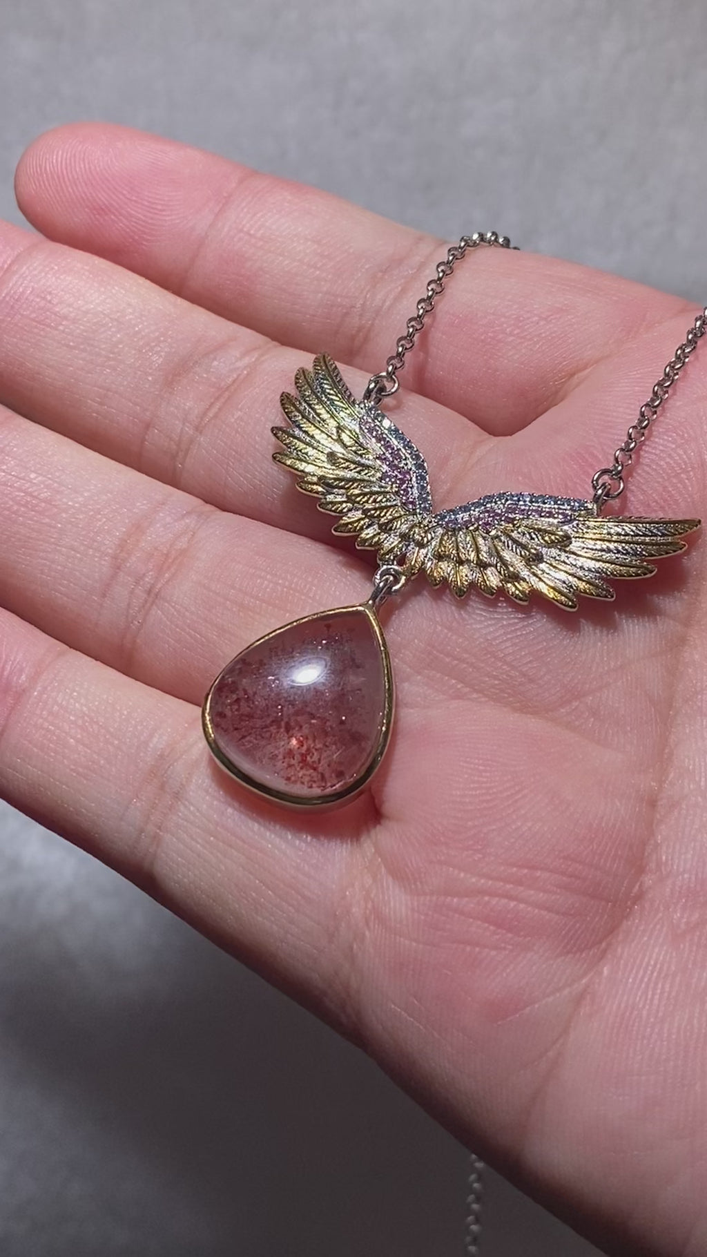 Teardrop Natural Strawberry Quartz Angel Wing Two-Tone Adjustable Silver Pendant Necklace Glittery red strawberry crystal angel wing dainty romantic layering daily collarbone chain
