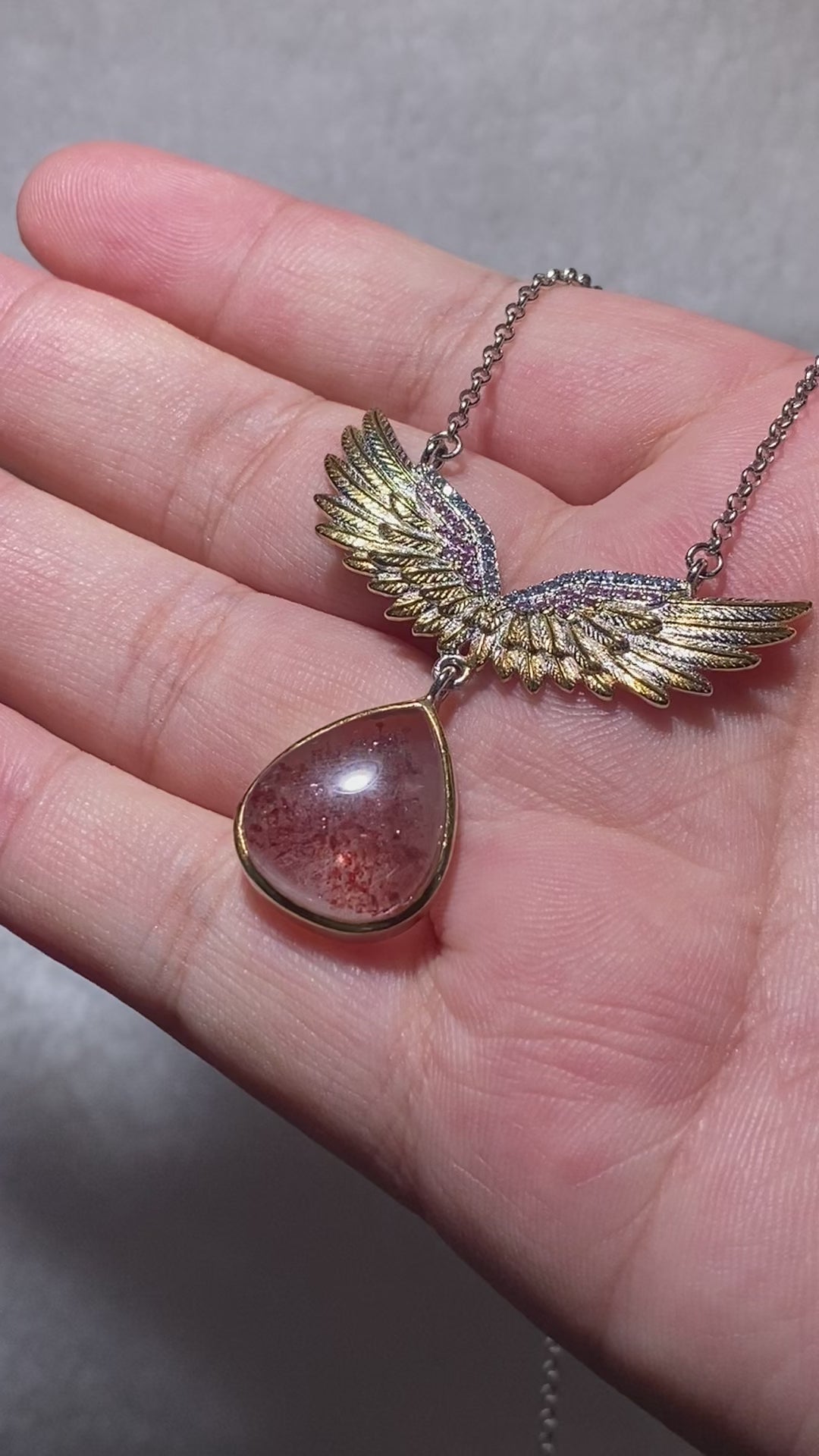 Teardrop Natural Strawberry Quartz Angel Wing Two-Tone Adjustable Silver Pendant Necklace Glittery red strawberry crystal angel wing dainty romantic layering daily collarbone chain