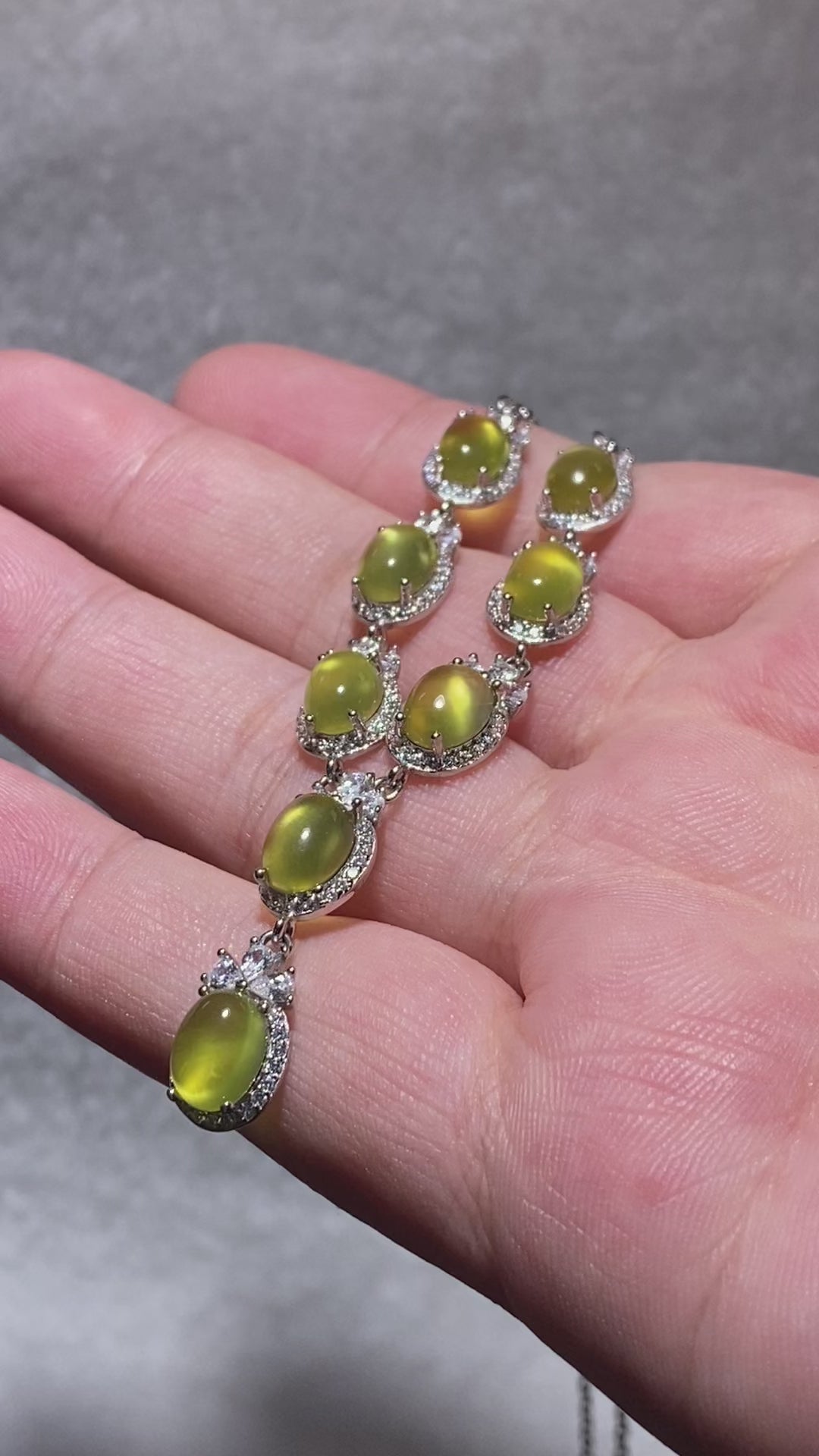 Oval Natural Warm Golden Prehnite Multi-Stone Cluster Drop Statement Silver Necklace Luxury glowing golden prehnite elegant formal banquet wedding daily collarbone chain