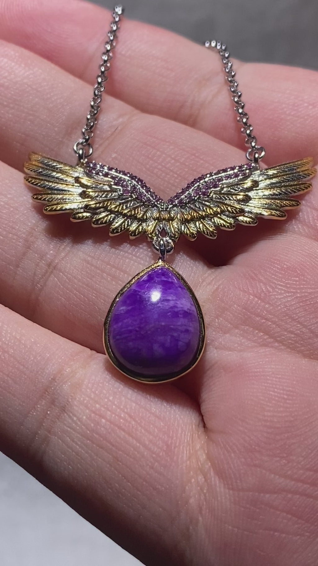 Teardrop Natural Royal Purple Sugilite Two-Tone Angel Wing Adjustable Thin Silver Pendant Necklace Vintage carved guardian angel wing calming sugilite dainty layering daily collarbone chain