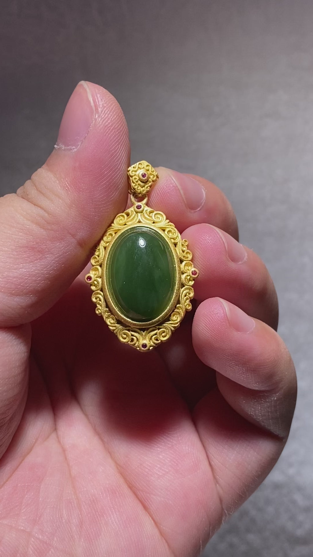 Large Smooth Oval Cabochon Natural Deep Green Hetian Jade Vintage Hand Filigree Hollow Scroll Gold Plated Pendant With Tiny Pink Crystal Accents Elegant Oriental Heart Chakra Peace Prosperity Charm
