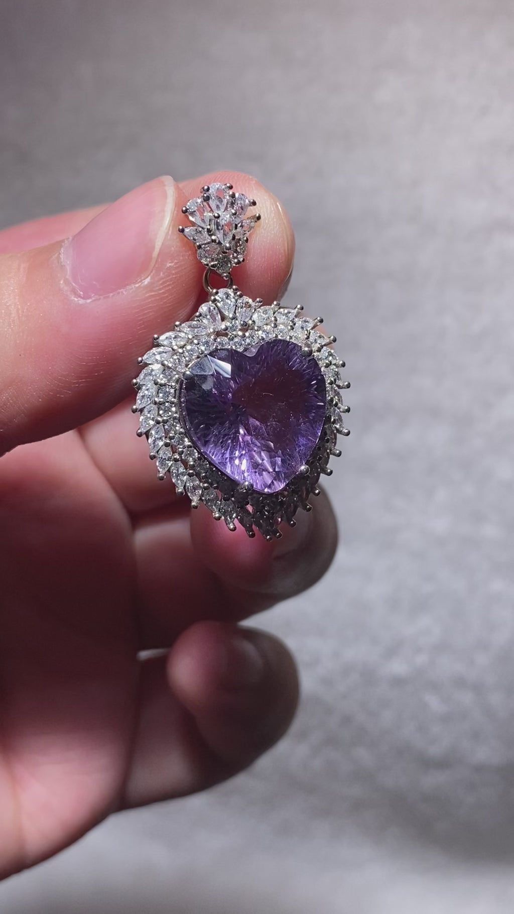 Oversize Brilliant Faceted Natural Lavender Amethyst Heart Double Layer Sun Spire Pave Clear Crystal Halo Solid S925 Sterling Silver Luxury Statement Calming Third Eye Crystal Pendant Charm