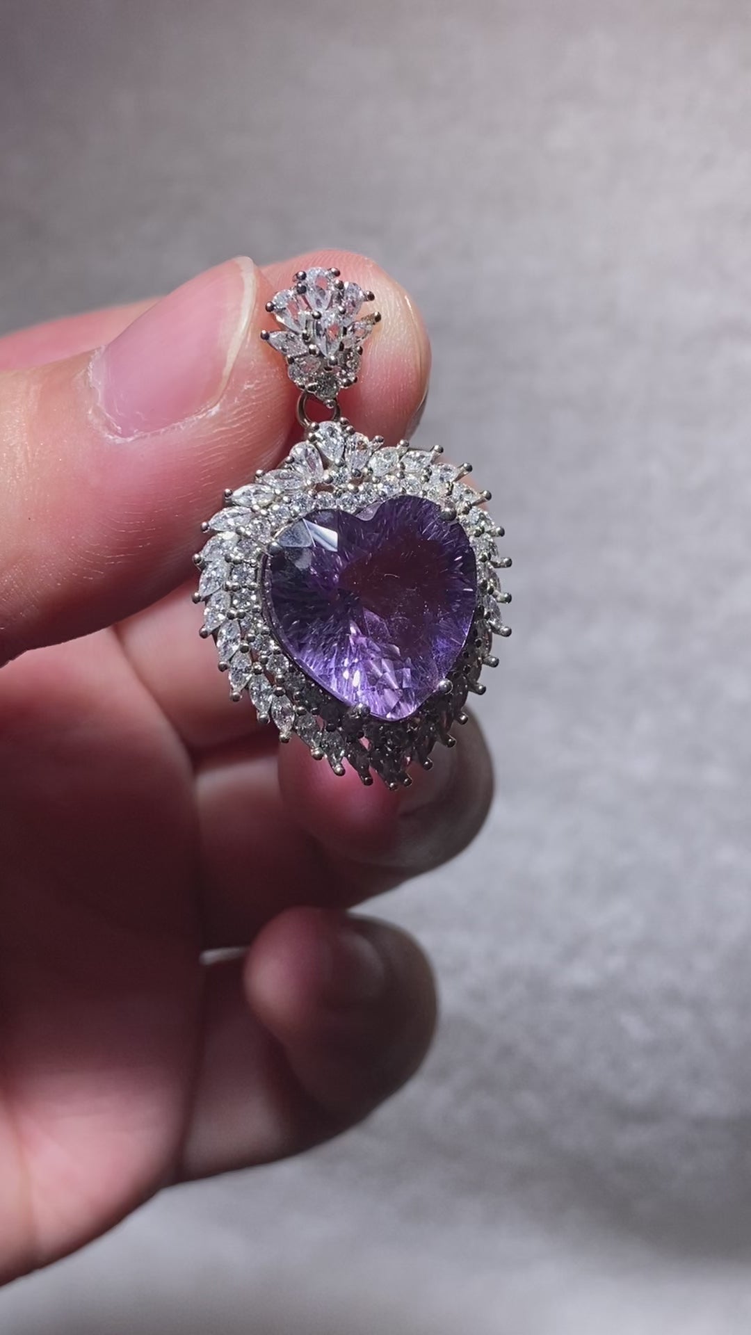 Oversize Brilliant Faceted Natural Lavender Amethyst Heart Double Layer Sun Spire Pave Clear Crystal Halo Solid S925 Sterling Silver Luxury Statement Calming Third Eye Crystal Pendant Charm