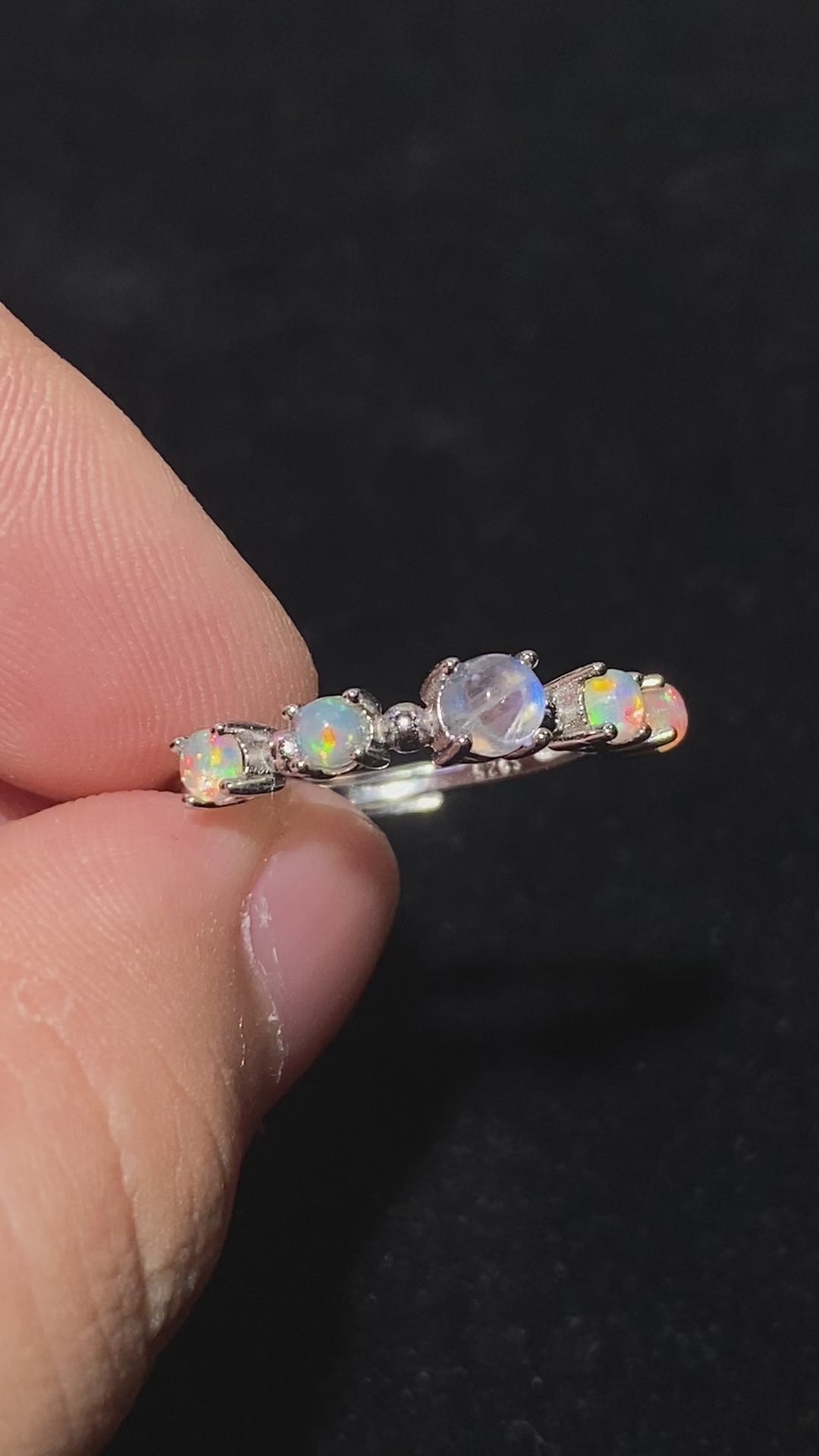 Natural Rainbow Flash Iridescent Opal Graduated Multi-Stone Thin Stack Ring Delicate dainty S925 silver minimalist layering daily promise finger ring