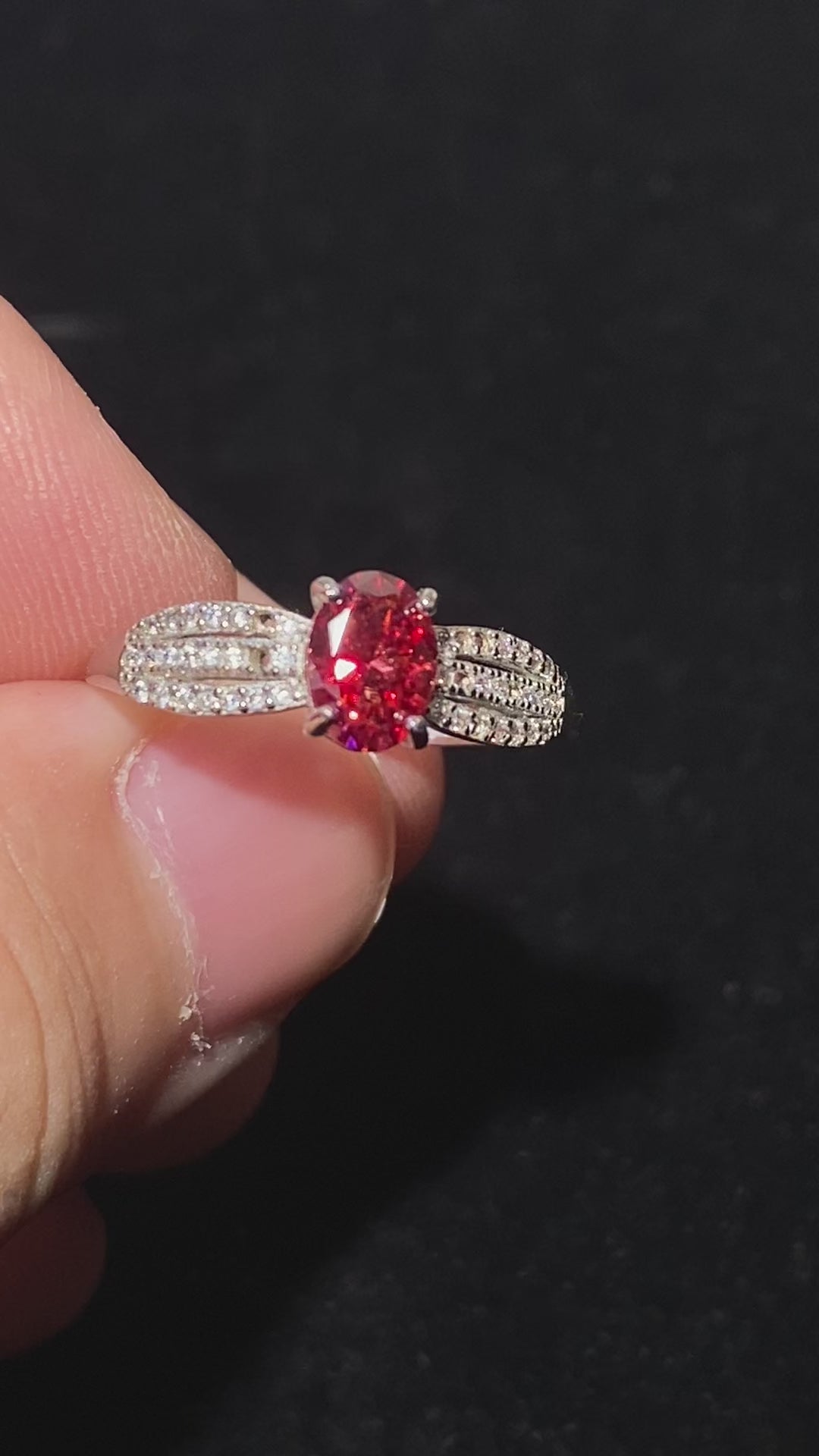 Oval Natural Red Garnet Split Pave Zircon 925 Sterling Silver Statement Ring Vibrant deep red January birthstone luxury double pave band cocktail ring