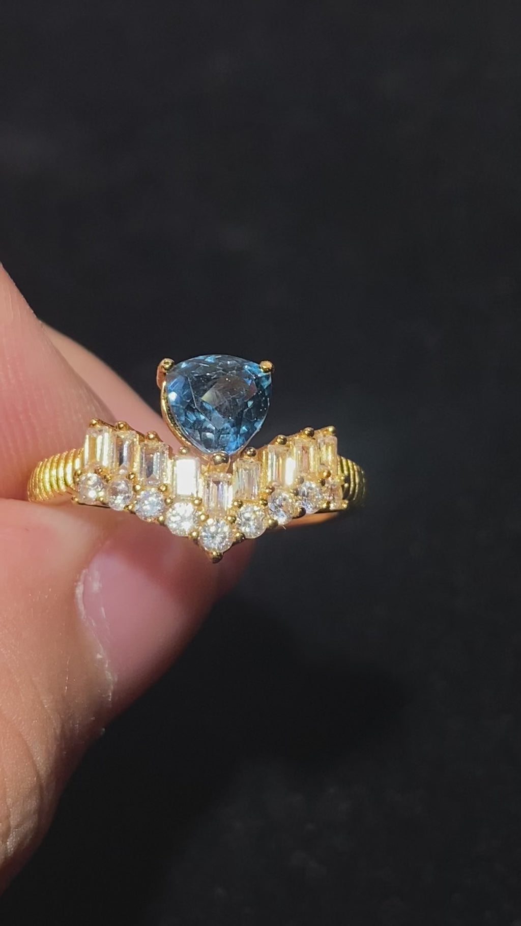 Pear London Blue Topaz Crown Baguette Zircon Gold Plated Adjustable Open Ring Deep ocean blue teardrop gem stepped baguette zircon crown luxury open band ring