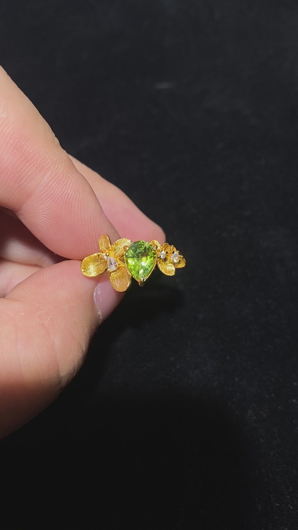 Natural Peridot Floral Leaf Open Gold Plated Ring Handcrafted leaf flower design vivid green peridot birthstone statement ring