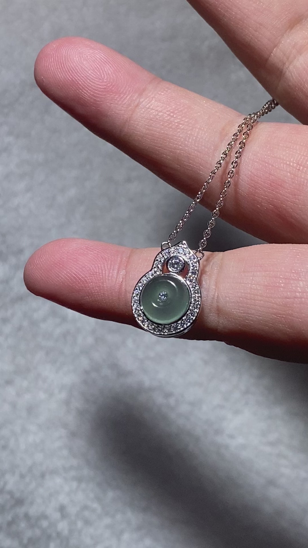 Round Natural Green Jadeite Halo Moissanite Adjustable Thin Silver Pendant Necklace Soft translucent green jade surrounded by sparkling moissanite dainty elegant daily layering chain