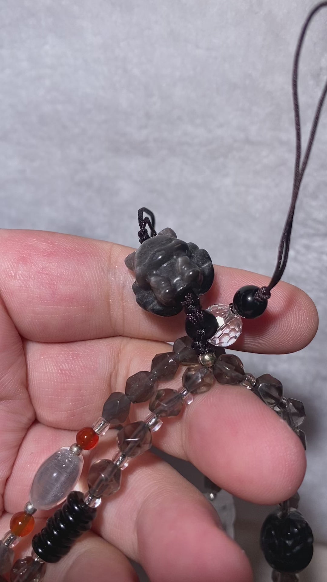 Natural Smoky Quartz Buddha Multi-Use Beaded Bracelet / Phone Lanyard / Bag Charm Transparent smoky brown faceted crystal with carved lucky buddha pendant adjustable thin wrist chain