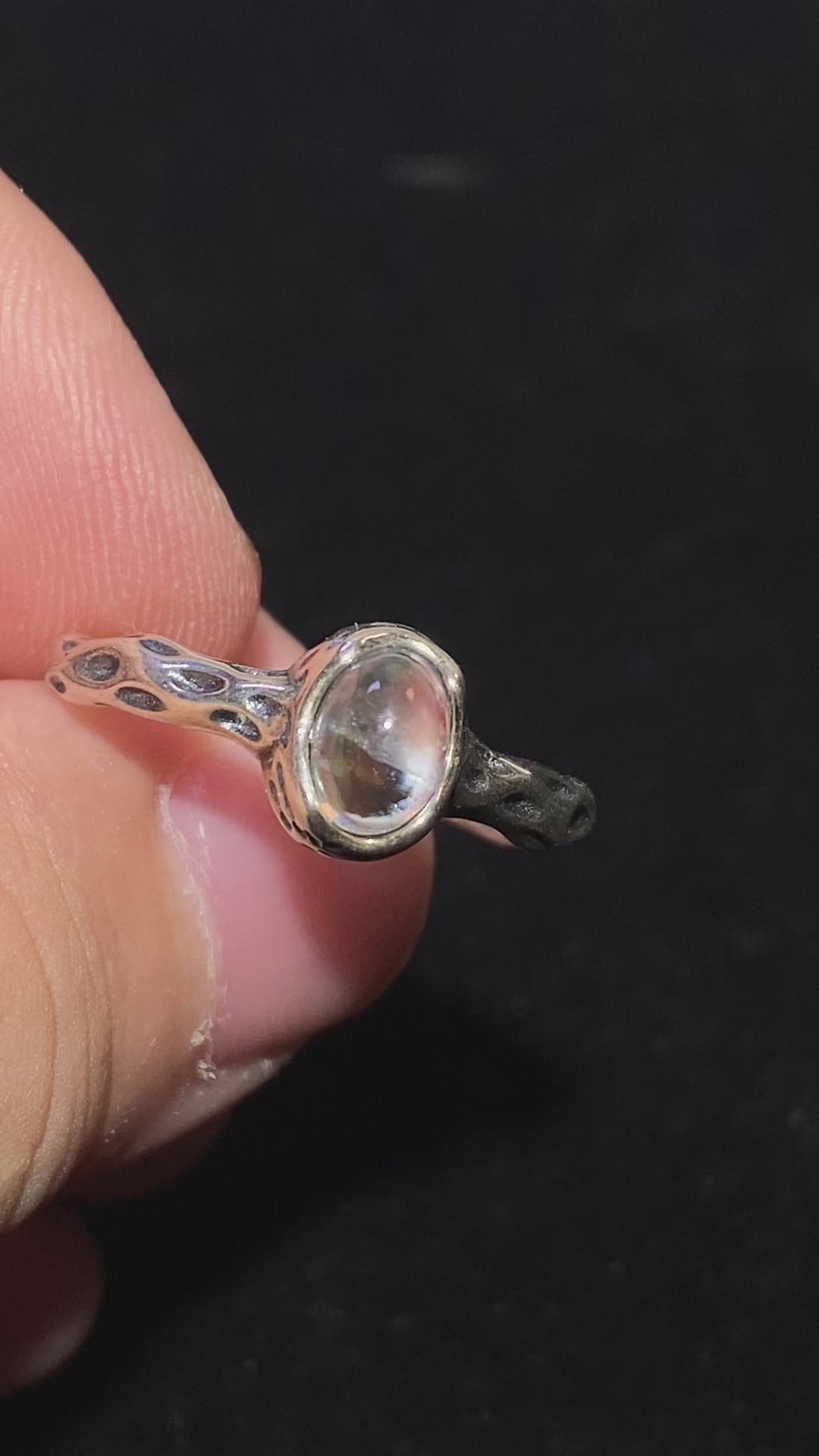 Oval Blue Flash Moonstone Twisted 925 Sterling Silver Adjustable Open Ring Textured twist band natural moonstone dainty June birthstone stackable ring