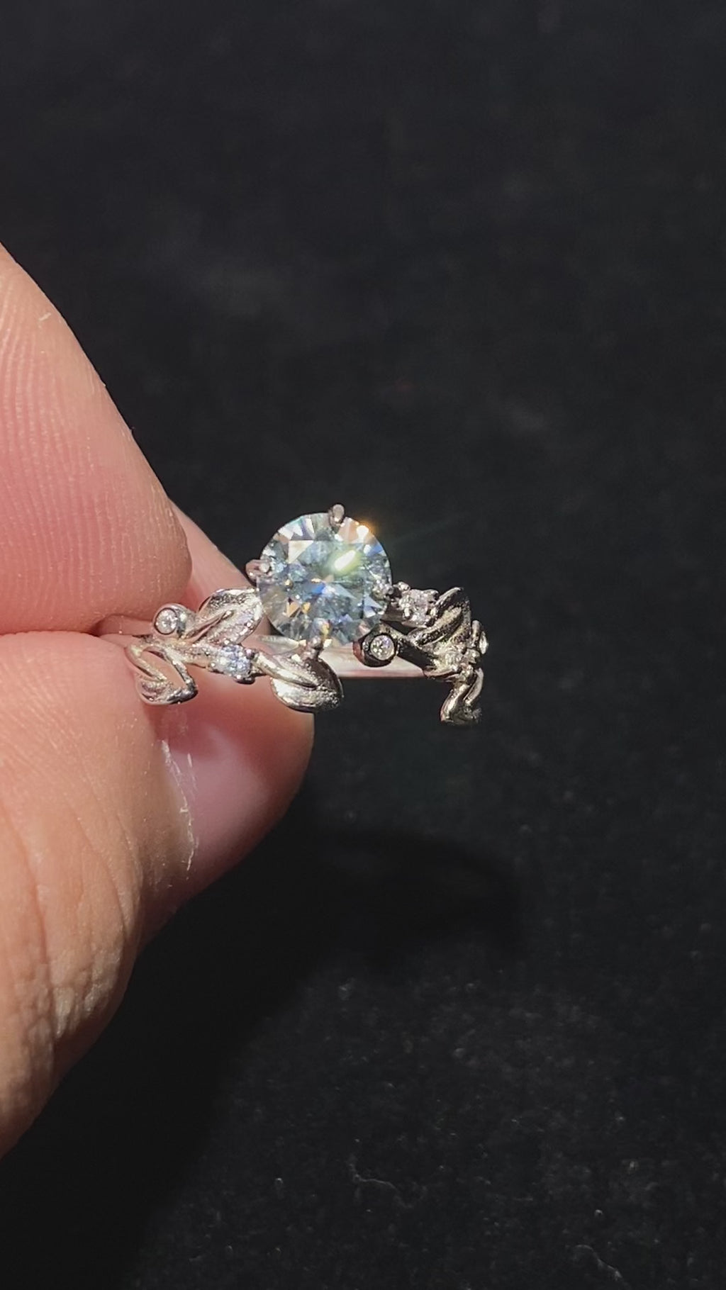 Round Brilliant Sparkling Moissanite Floral Vine Adjustable Open Ring Delicate nature floral carved S925 silver dainty fairy stackable finger ring