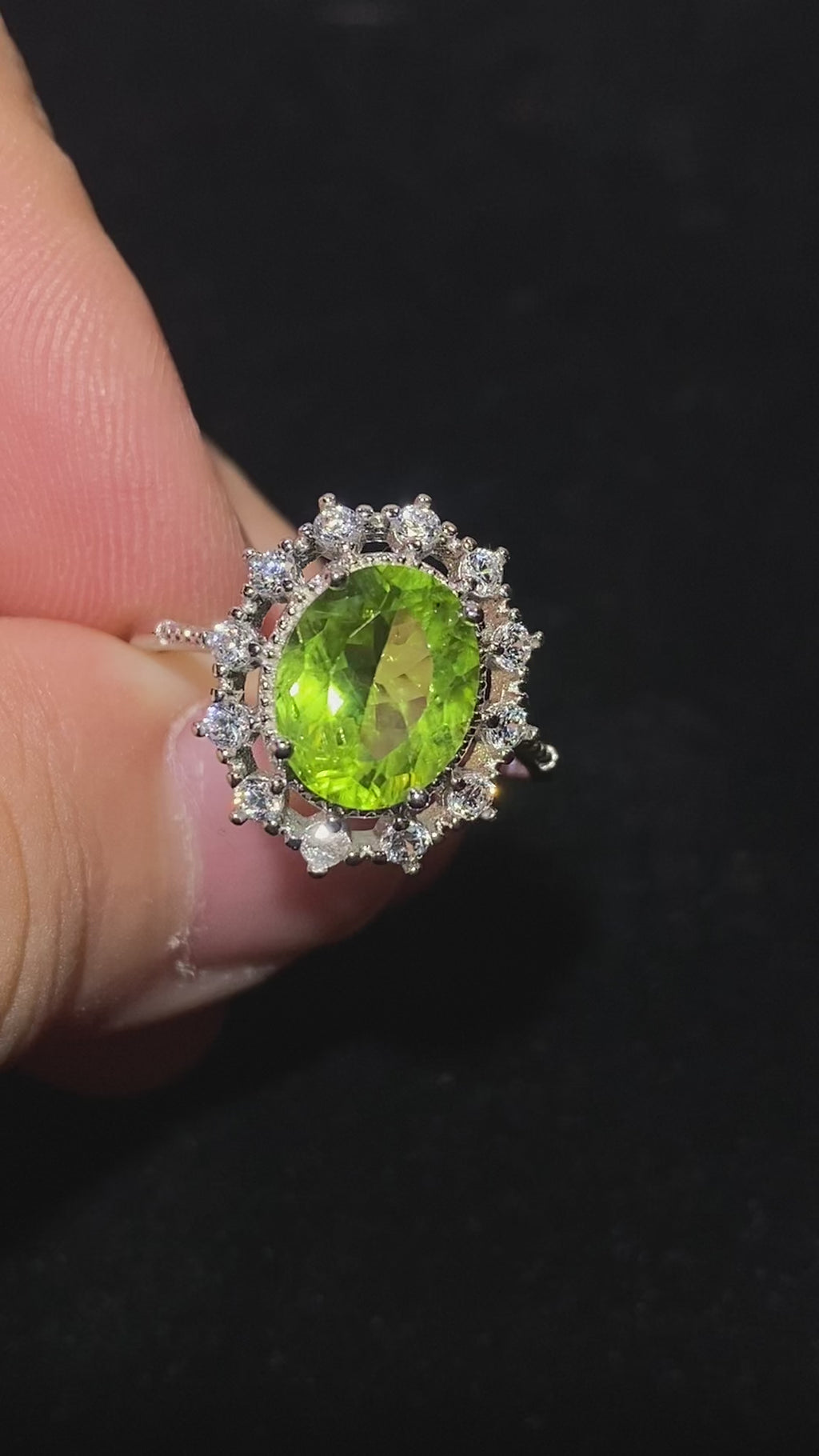 Oval Natural Peridot Halo 925 Sterling Silver Open Ring Halo diamond accent vivid green peridot August birthstone adjustable statement ring