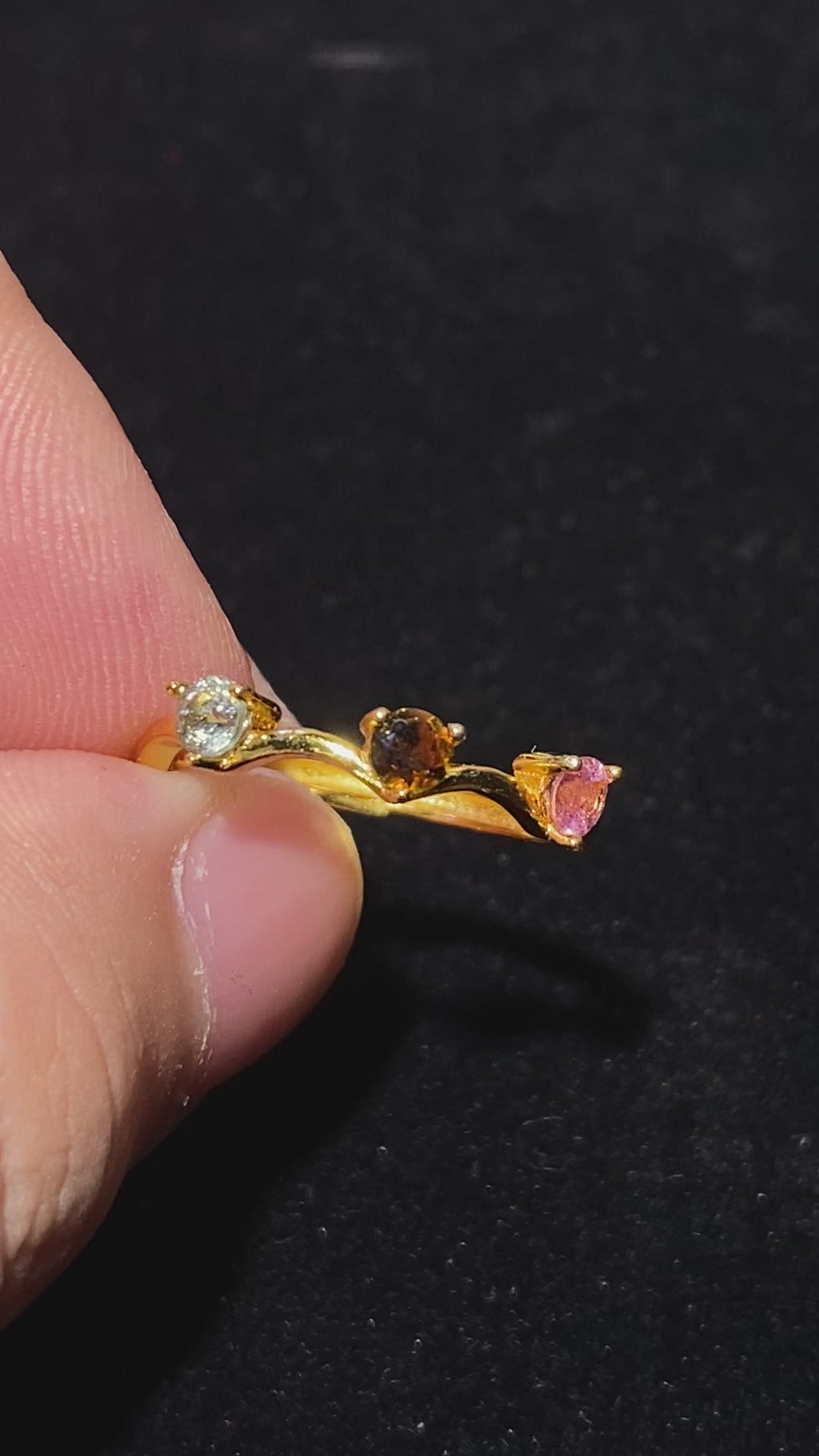 Multi-Tone Natural Tourmaline Wave Gold Plated Adjustable Open Ring Delicate curved band three-color tourmaline dainty stackable everyday ring