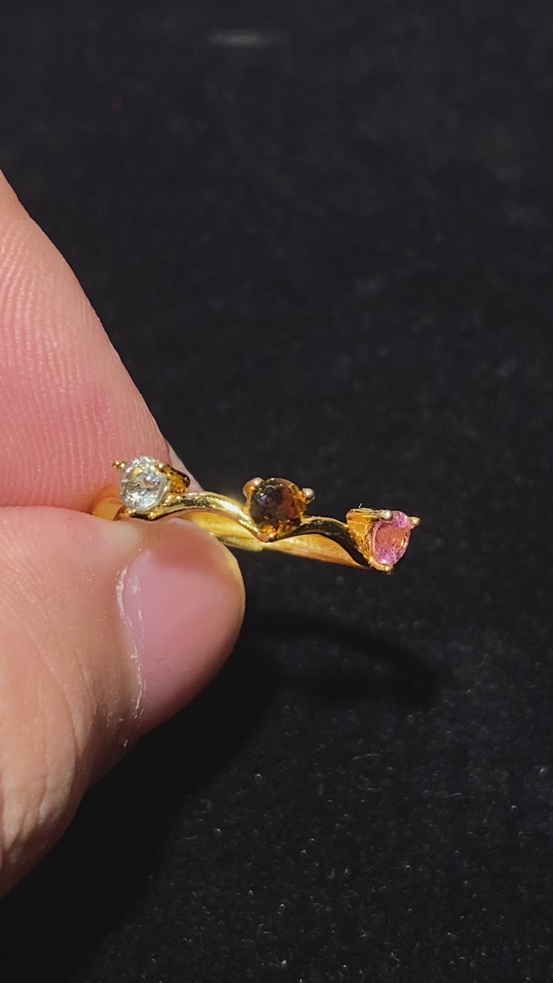 Multi-Tone Natural Tourmaline Wave Gold Plated Adjustable Open Ring Delicate curved band three-color tourmaline dainty stackable everyday ring