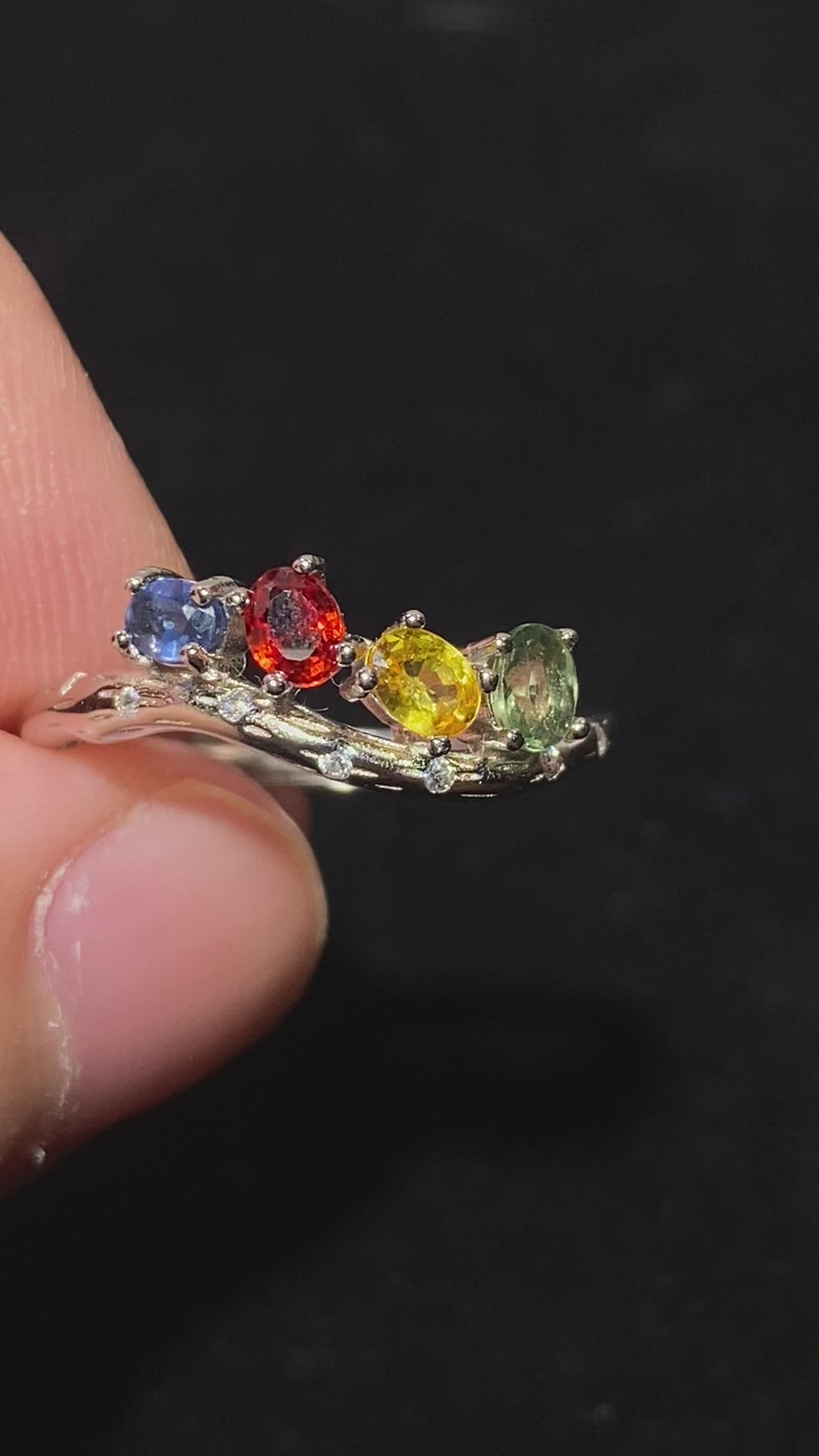 Rainbow Multi-Tourmaline Twig 925 Sterling Silver Adjustable Open Ring Twisted branch band vibrant multi-color tourmaline dainty stackable healing ring