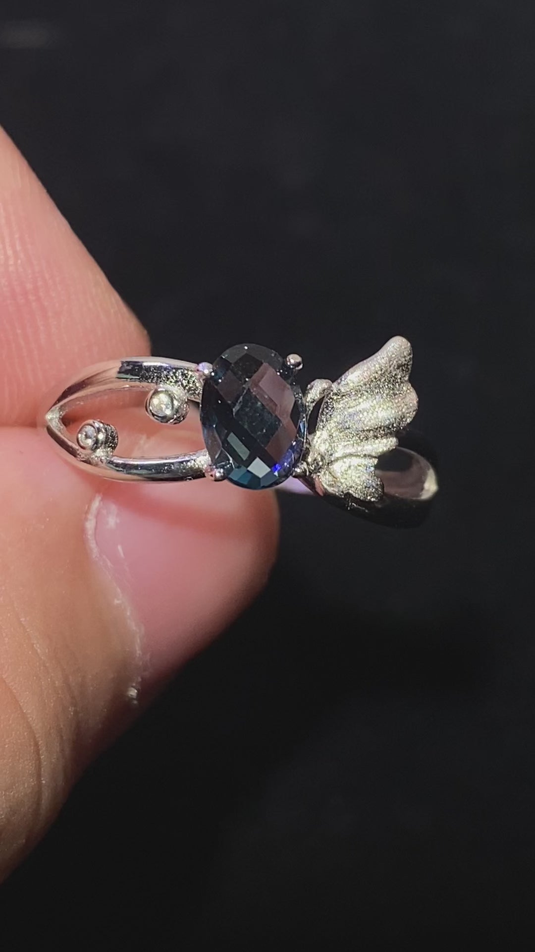 Oval London Blue Topaz Butterfly 925 Sterling Silver Adjustable Open Ring Hand sculpted butterfly detail deep blue topaz delicate fairy style adjustable ring
