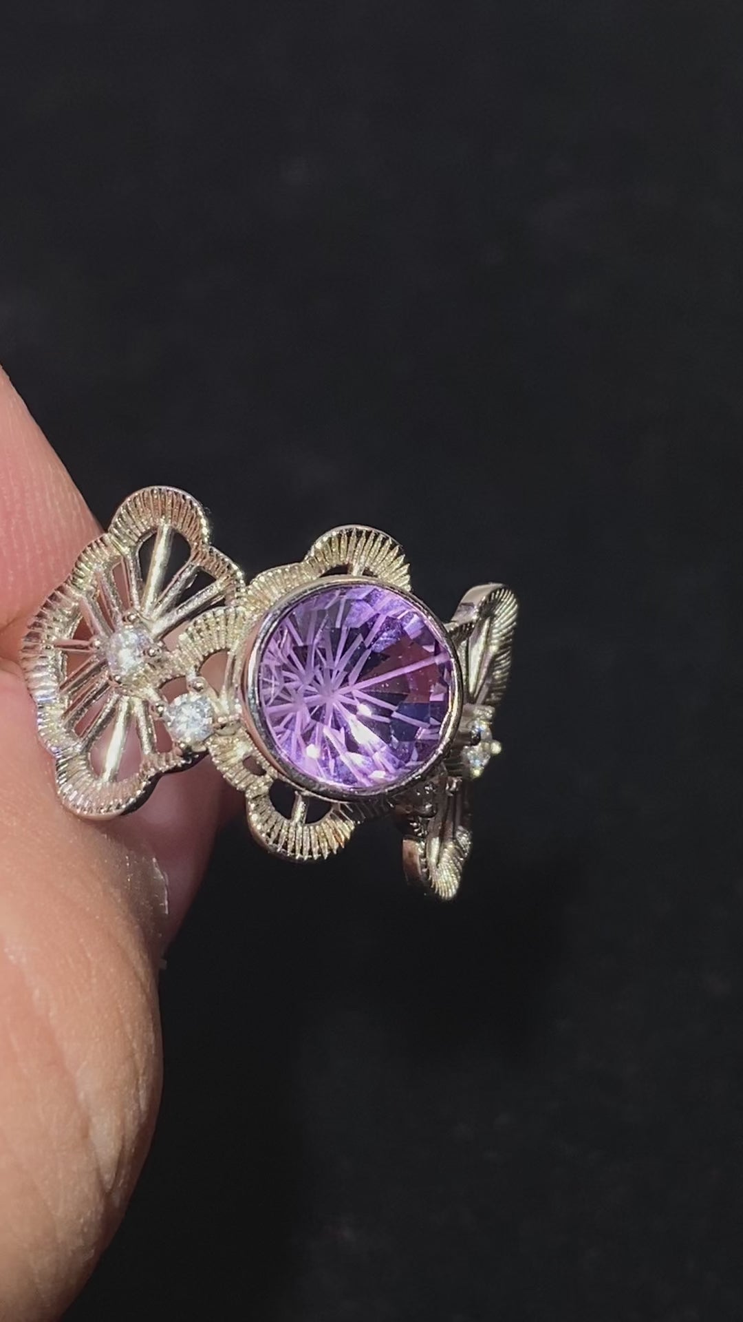 Round Natural Amethyst Butterfly Floral Filigree 925 Silver Vintage Ring Intricate lace filigree butterfly floral frame rich purple February birthstone ring