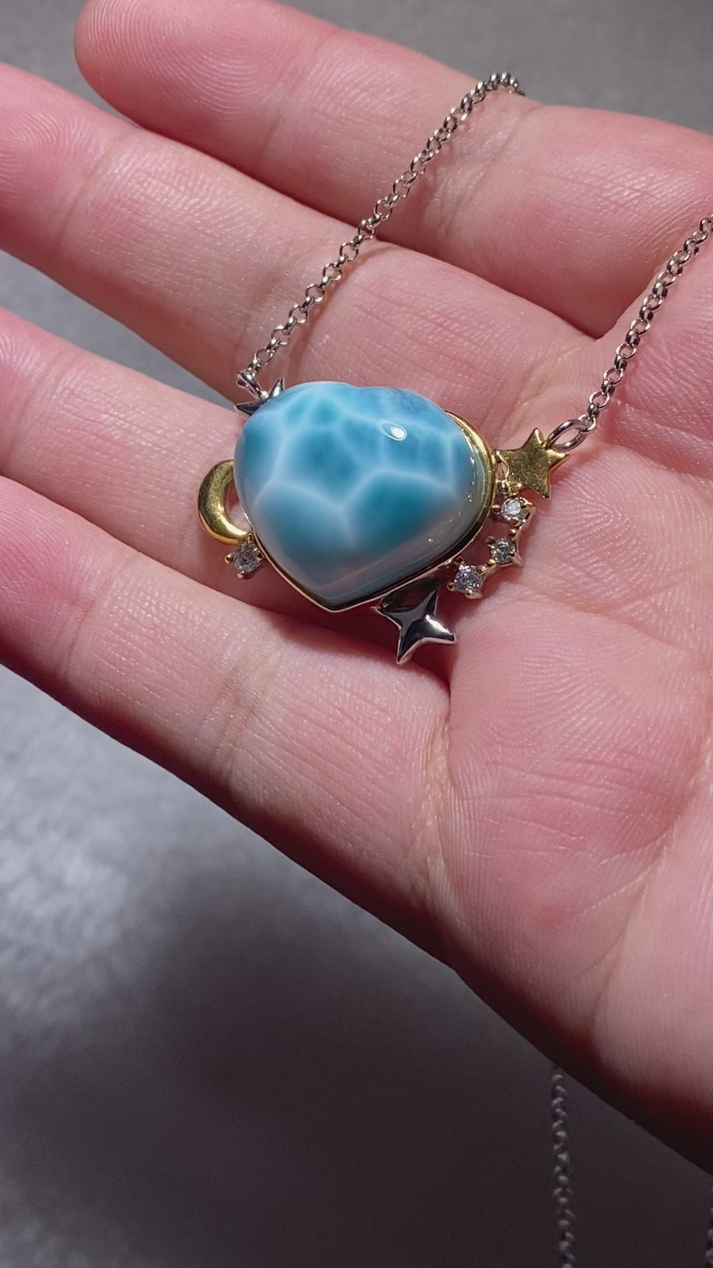 Heart Natural Blue Wave Larimar Moon & Star Two-Tone Adjustable Silver Pendant Necklace Dreamy ocean blue larimar celestial moon star dainty layering daily collarbone chain