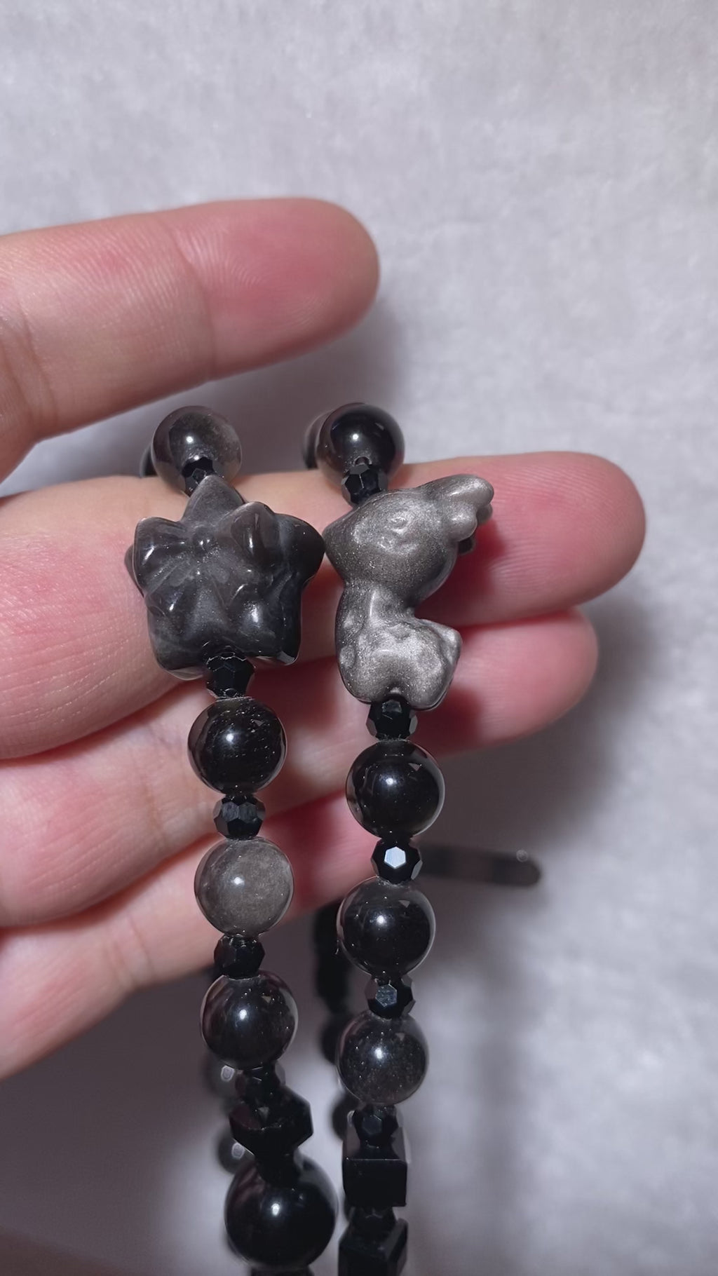 Silver Sheen Obsidian Bow & Rabbit Dual Use Beaded Bracelet / Bag Charm Glossy black silver flash obsidian bow rabbit carving mini bead wrist chain with toggle clasp