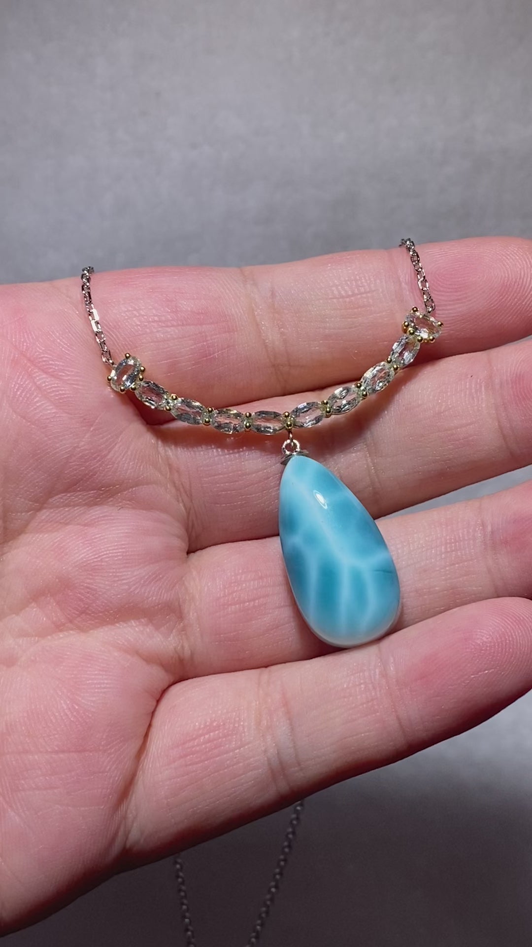Teardrop Natural Ocean Blue Larimar & Oval Warm Golden Prehnite V-Shape Adjustable Thin Silver Pendant Necklace
