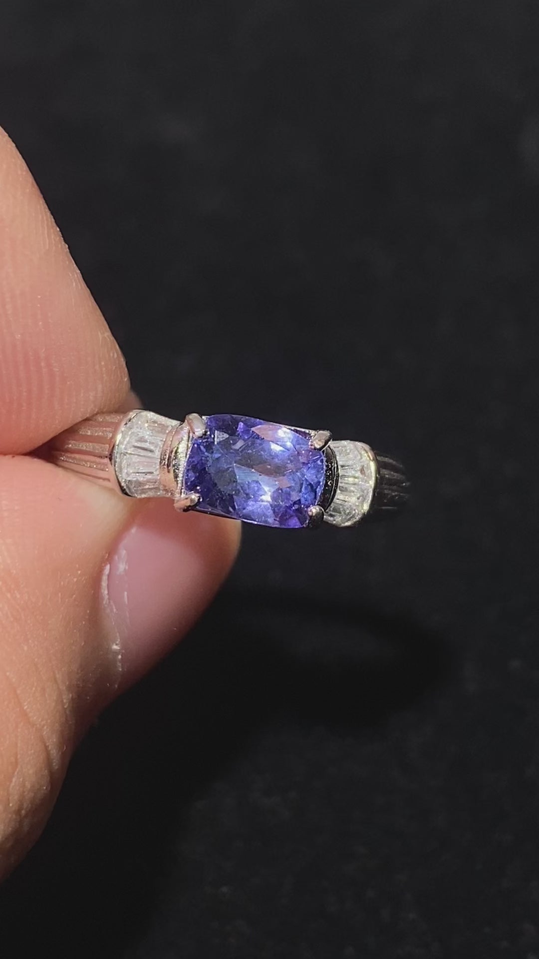 Rectangular Natural Violet-Blue Tanzanite Three-Stone Vintage Vertical Texture Wide Band Ring Elegant cool blue purple tanzanite minimalist luxury formal daily finger ring