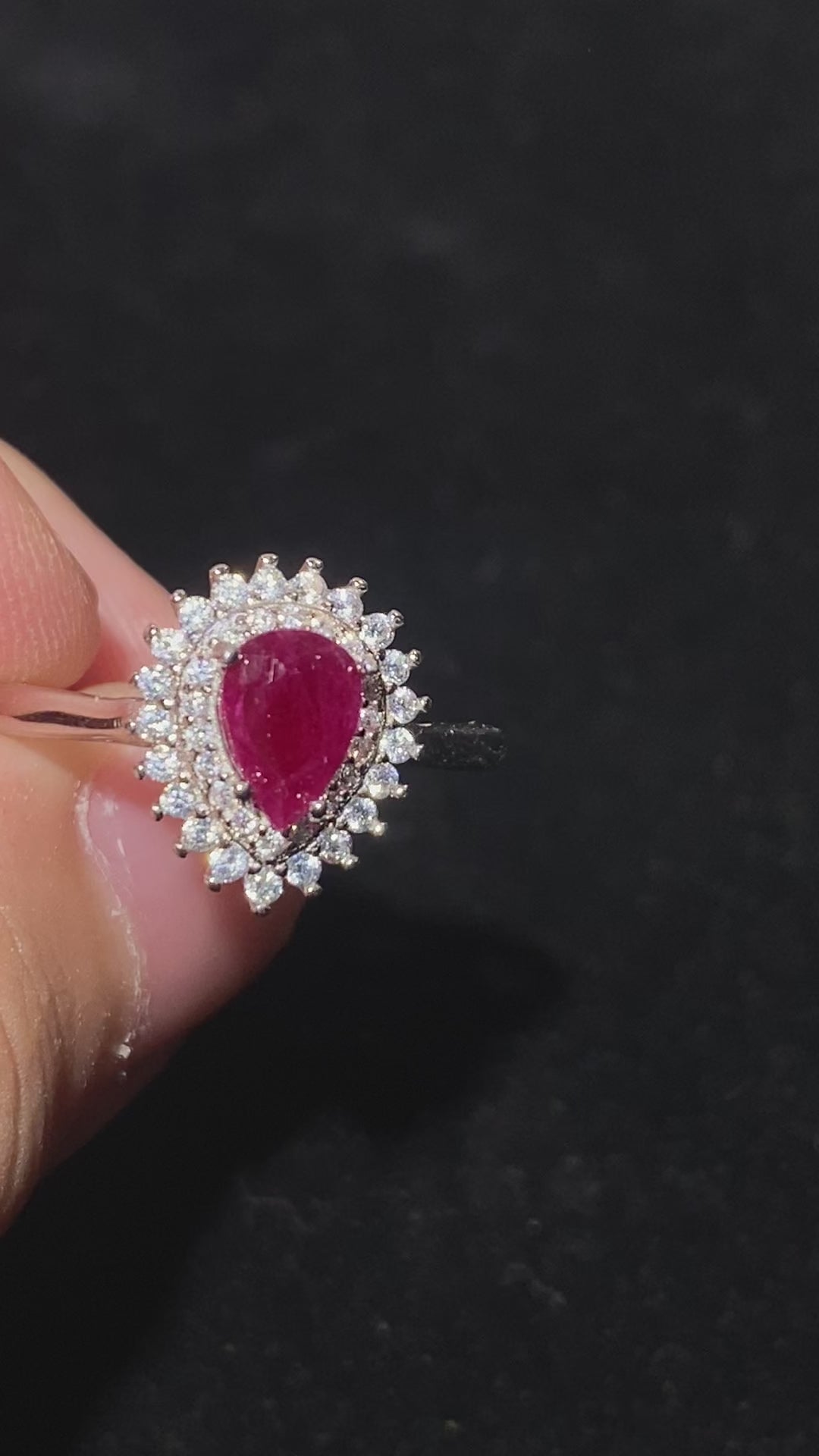 Pear Heart Natural Ruby Sunburst Halo Cocktail Ring Vivid fiery red ruby surrounded by sparkling moissanite halo luxury vintage banquet ring