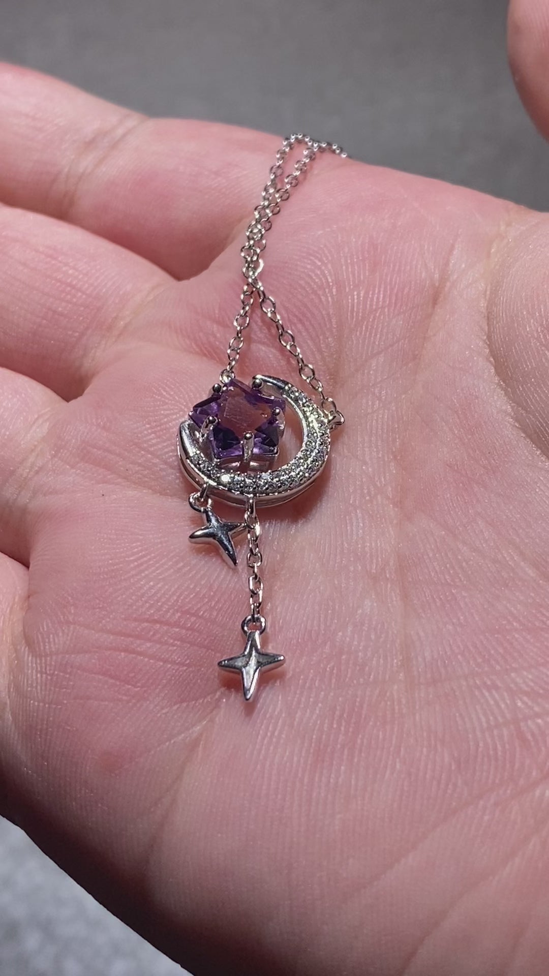 Star Cut Natural Lavender Amethyst Moon & Dual Star Y-Shape Tassel Adjustable Thin Silver Pendant Necklace Dreamy night sky celestial moon-star dainty layering daily collarbone chain